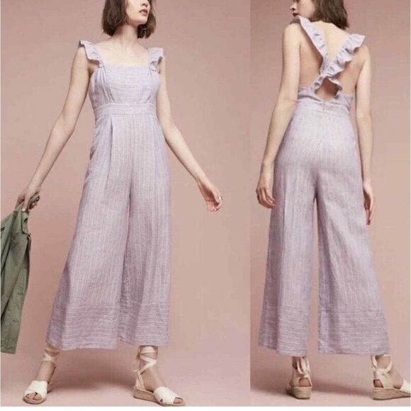 Anthropologie  Elevenses Linen Nantucket Ruffle Square Neck Wide Leg Jumpsuit 4 - Picture 1 of 10